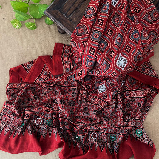 Ajrakh Hand Dyed Block Printed Embroidered Dupatta