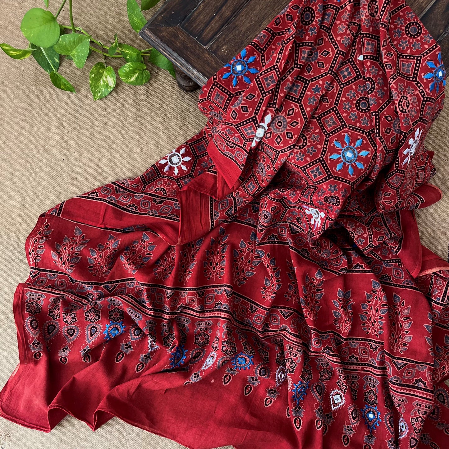 Ajrakh Hand Dyed Block Printed Embroidered Dupatta