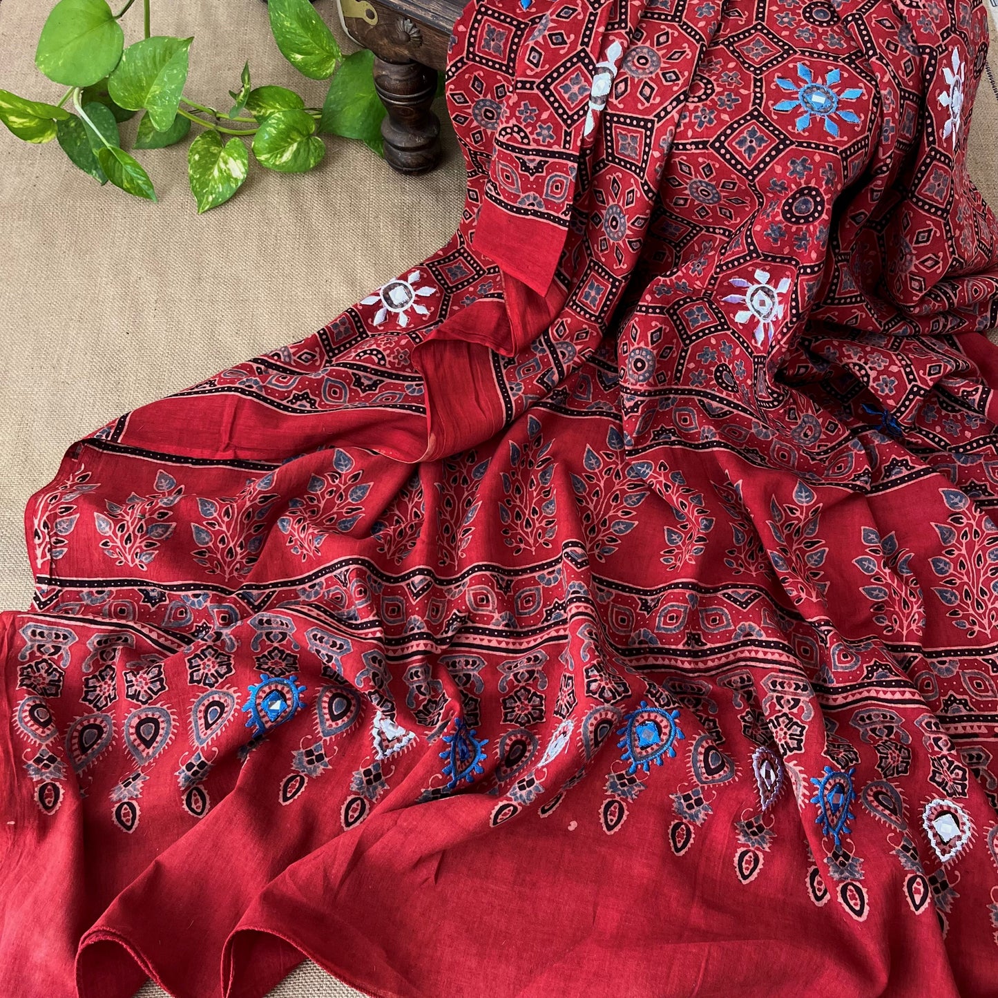 Ajrakh Hand Dyed Block Printed Embroidered Dupatta