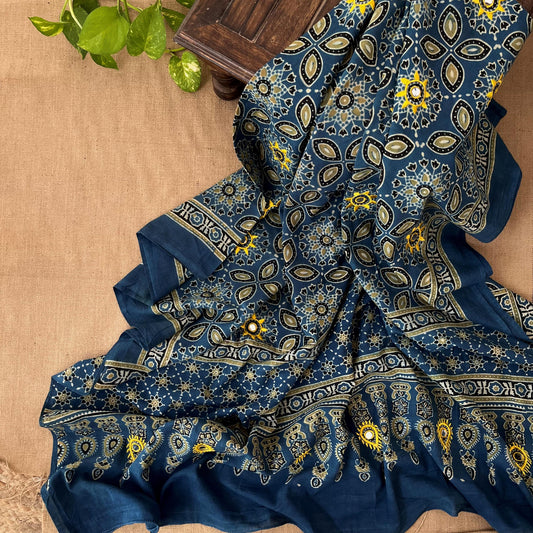 Ajrakh Hand Dyed Block Printed Embroidered Dupatta