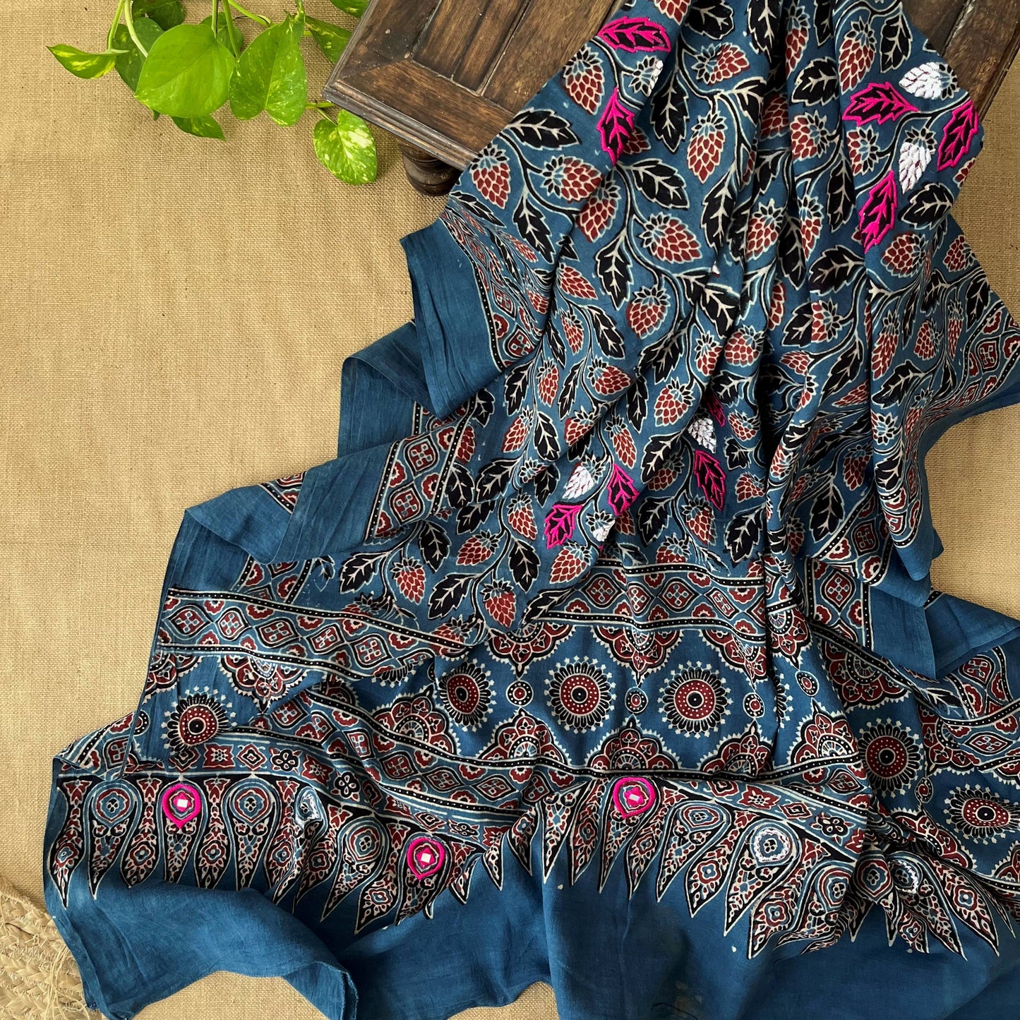 Ajrakh Hand Dyed Block Printed Embroidered Dupatta