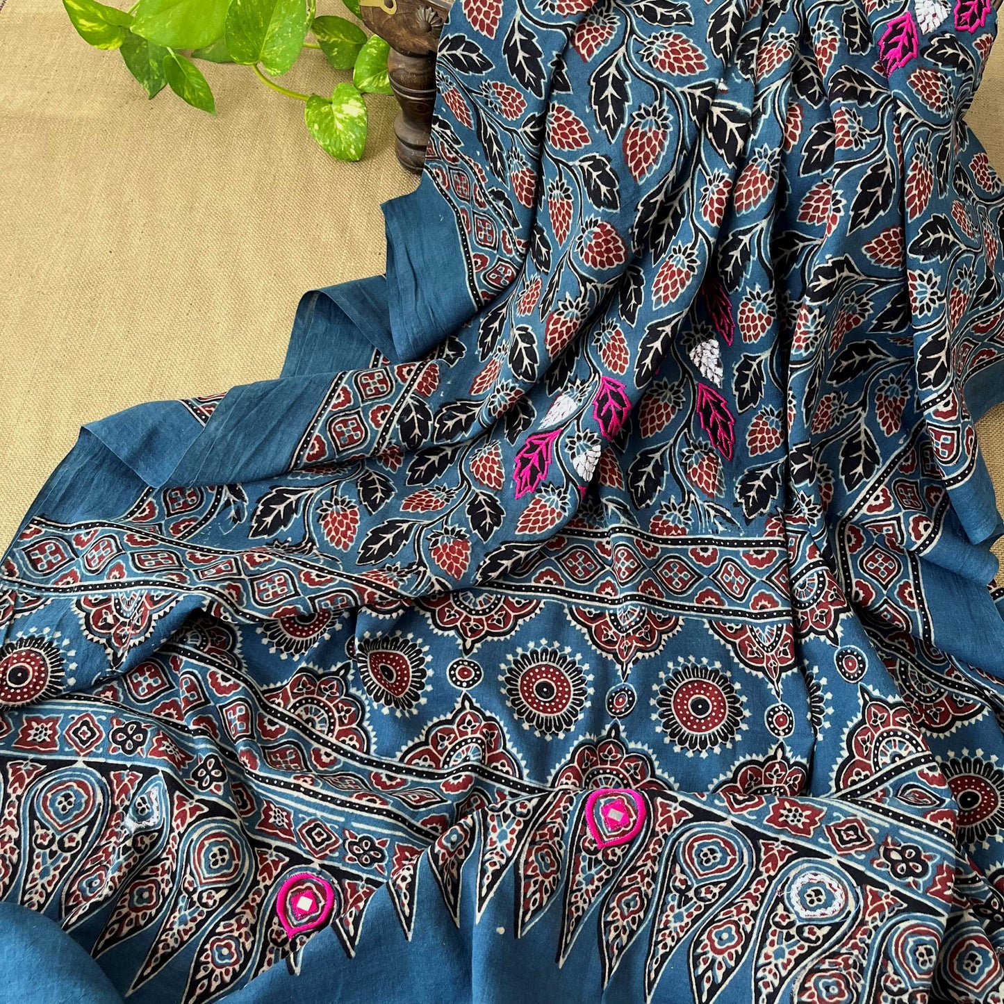 Ajrakh Hand Dyed Block Printed Embroidered Dupatta