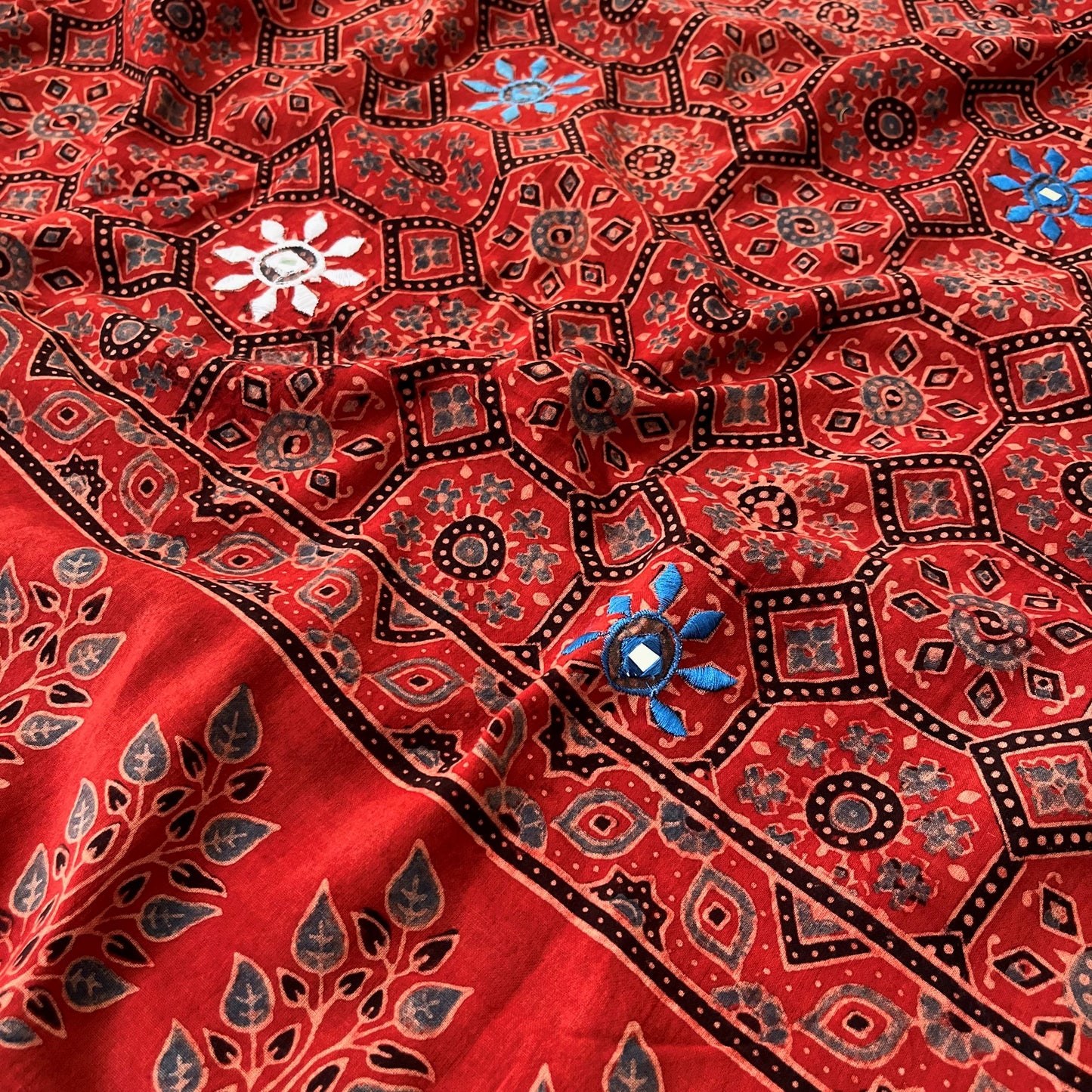 Ajrakh Hand Dyed Block Printed Embroidered Dupatta