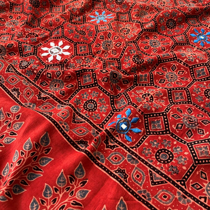 Ajrakh Hand Dyed Block Printed Embroidered Dupatta