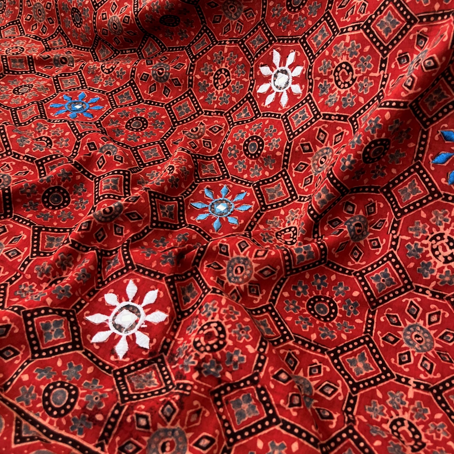 Ajrakh Hand Dyed Block Printed Embroidered Dupatta