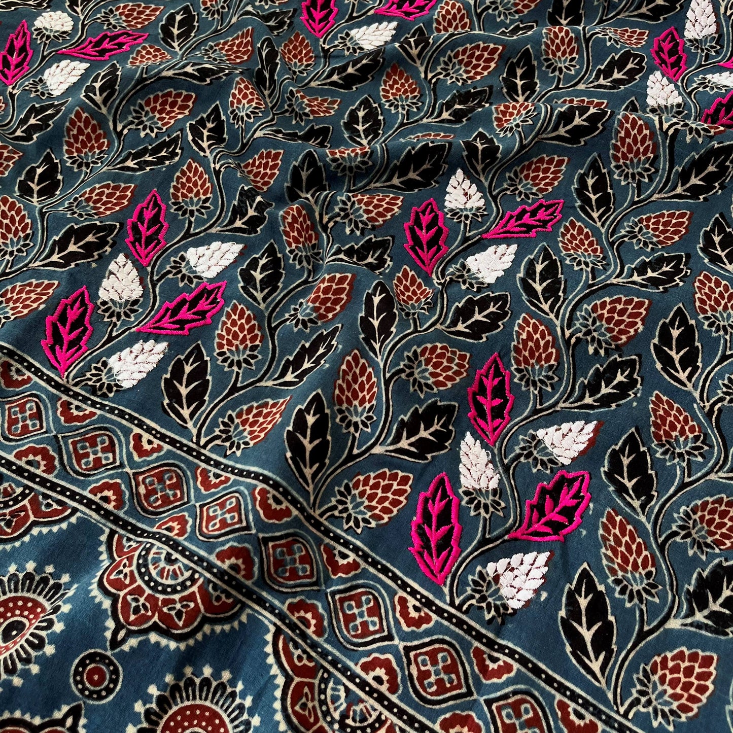 Ajrakh Hand Dyed Block Printed Embroidered Dupatta